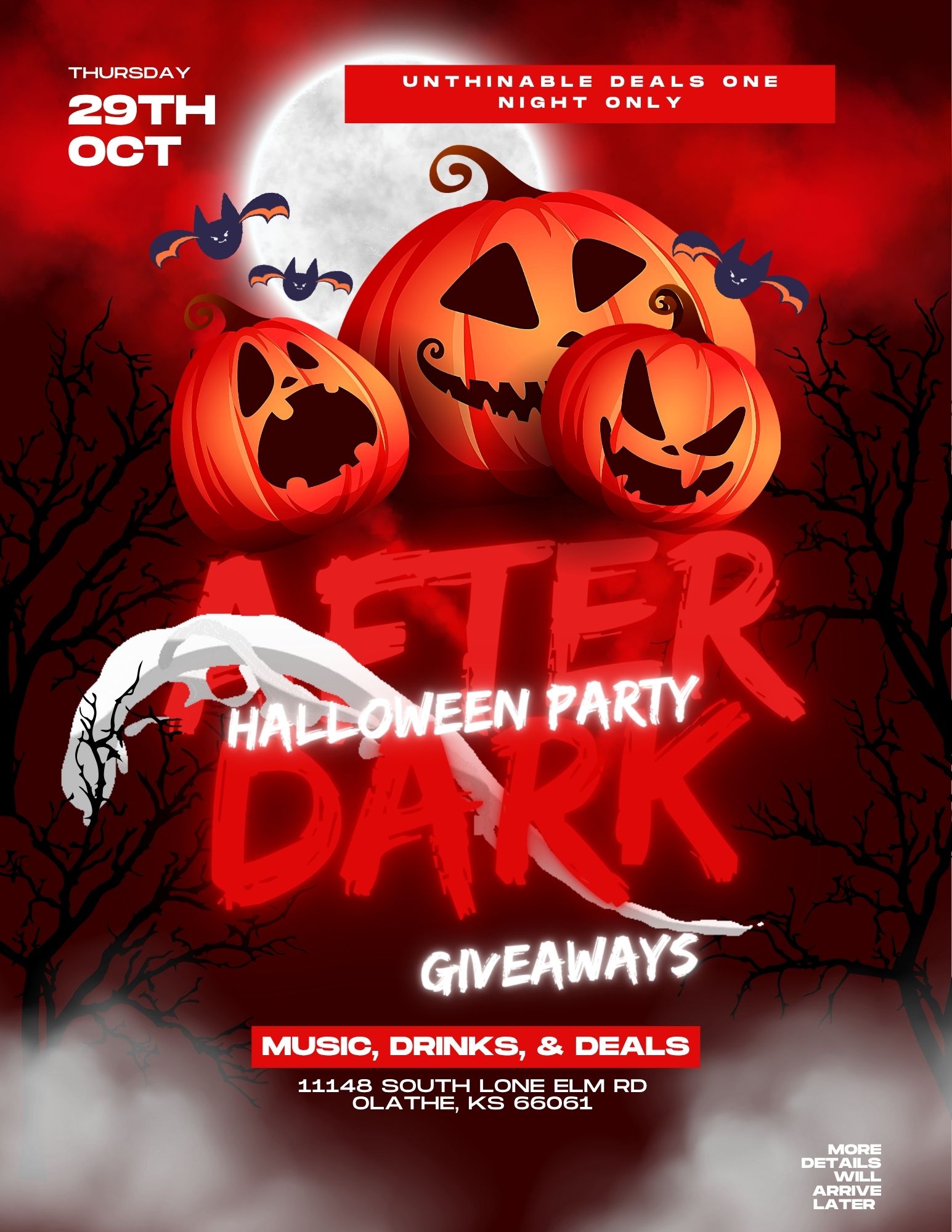 After Dark Halloween Party flyer — Thursday, October 29 at 11148 South Lone Elm Rd, Olathe, KS. One night only of music, drinks, deals, and giveaways.