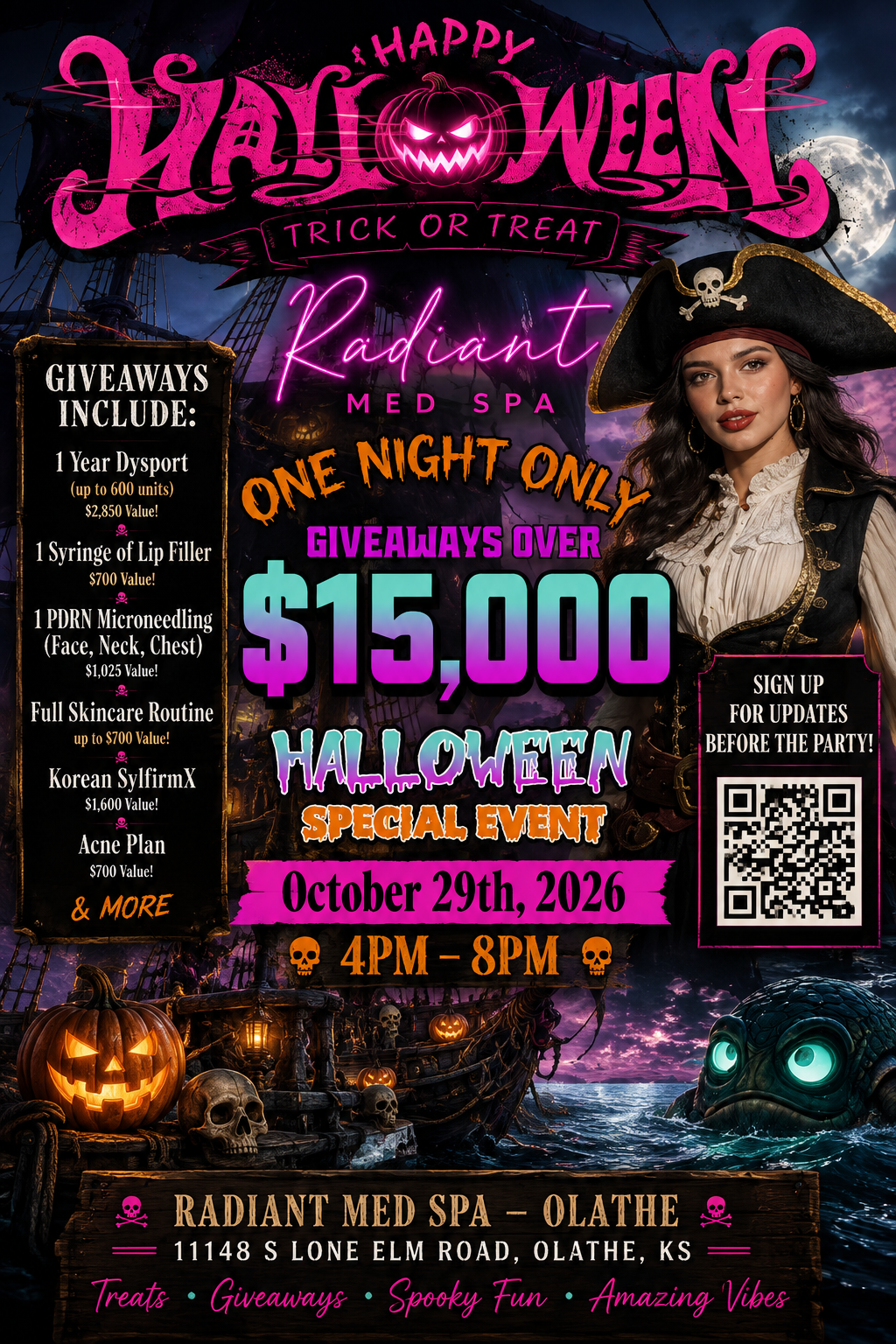 Radiant Med Spa Happy Halloween Special Event flyer — October 29th, 2026, 4PM to 8PM, at 11148 S Lone Elm Road, Olathe, KS. Over $15,000 in giveaways, one night only.